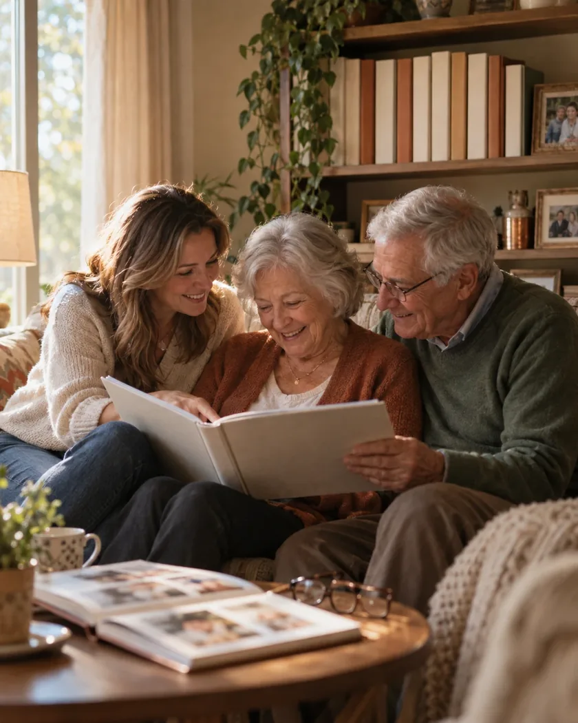 Illustrative image of a family looking through a photo album together on the sofa