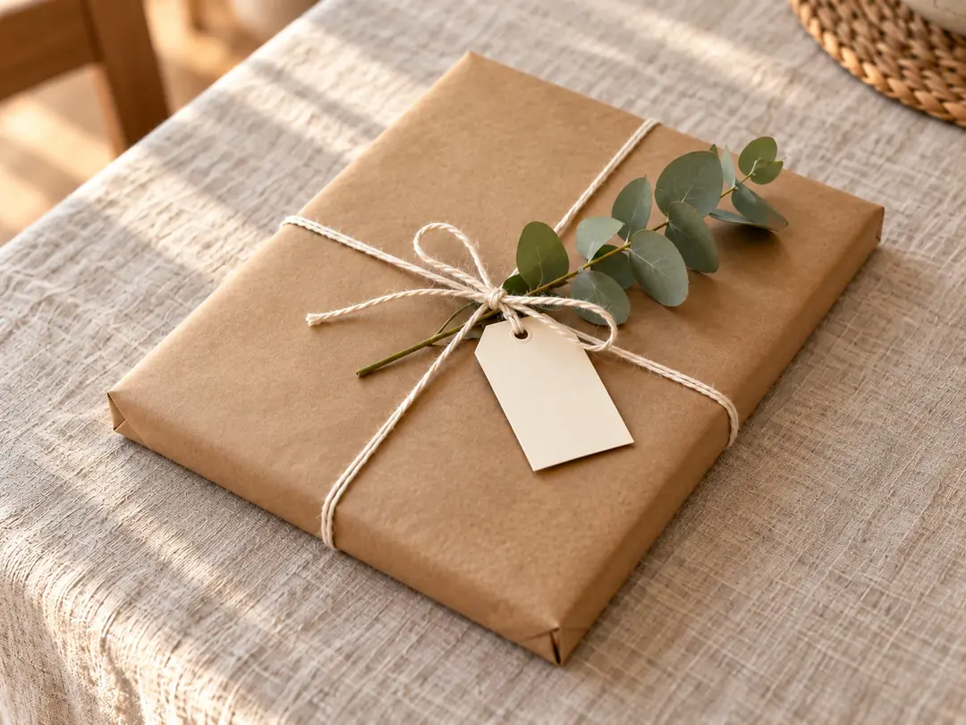 A photo album wrapped in kraft paper with cotton twine, a blank tag and a sprig of eucalyptus