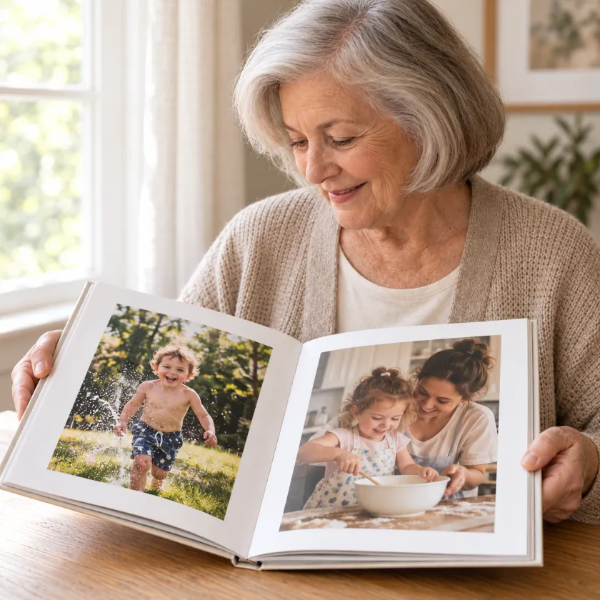 Grandma smiling at an open family photo album with pictures of her grandchildren