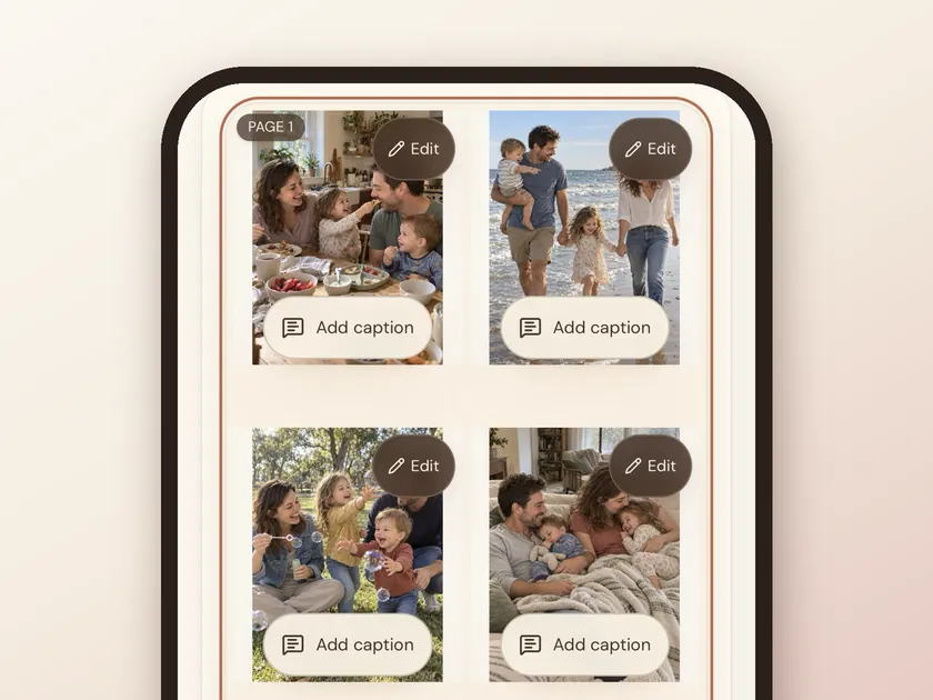 The album editor on a phone, showing a page of four photos with Edit and Add caption buttons