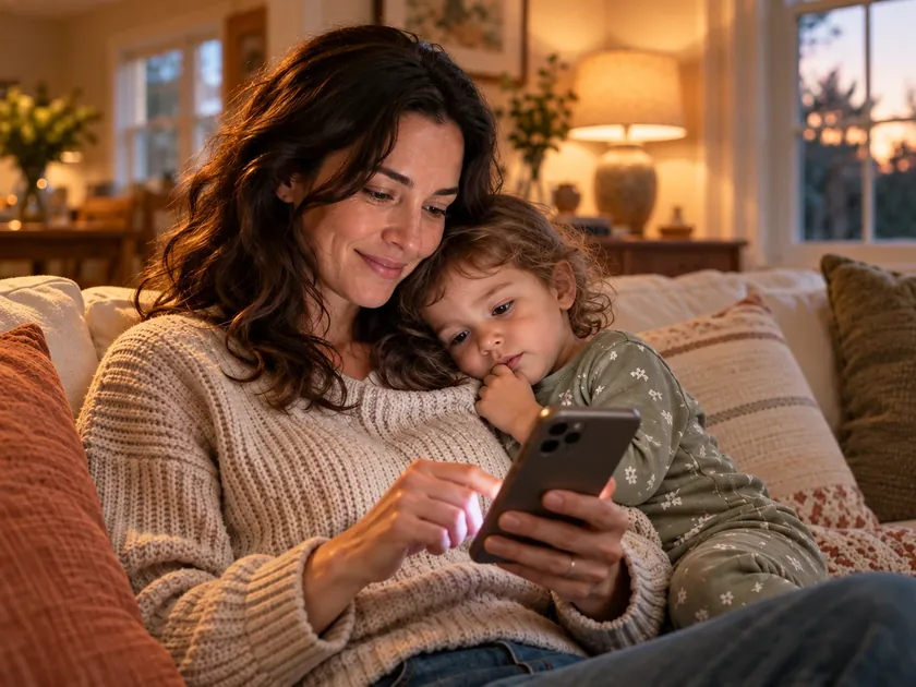 A mother on the sofa scrolling through photos on her phone, her toddler leaning on her shoulder