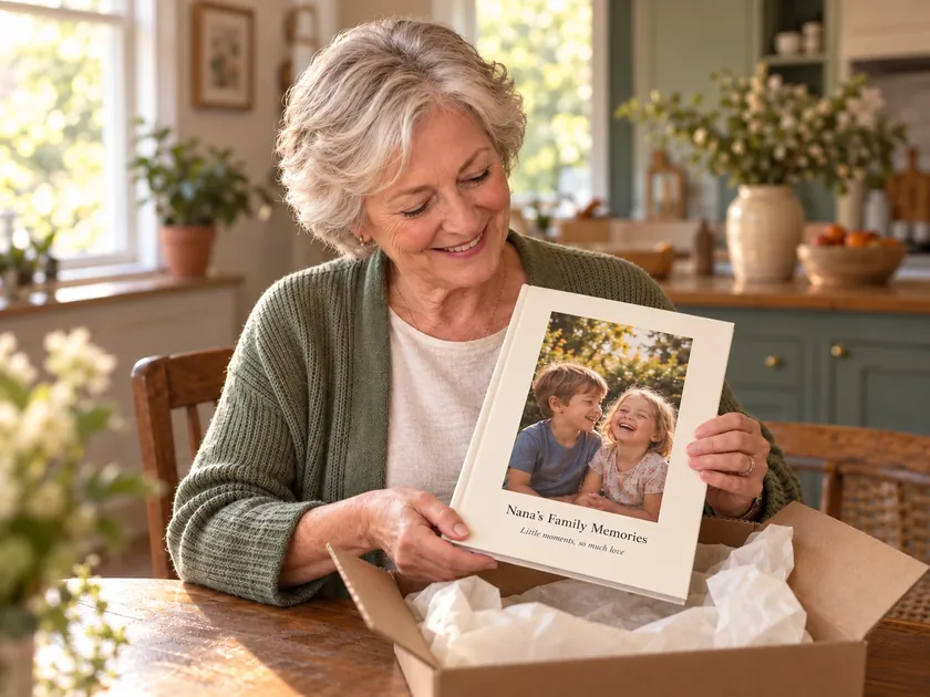 A grandmother smiling as she lifts her new photo album out of its box