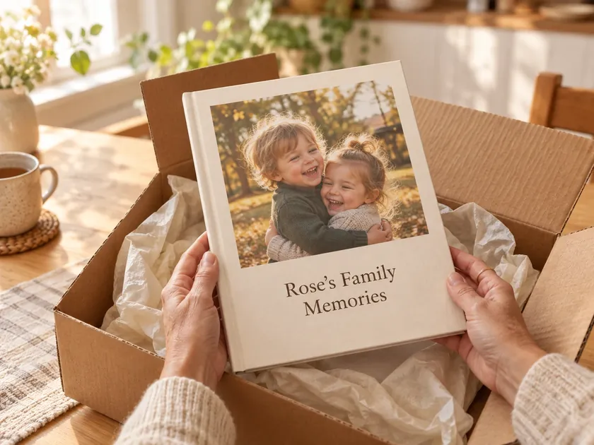 Roke dvigajo album s trdo vezavo z naslovom »Rose’s Family Memories« iz poštne škatle