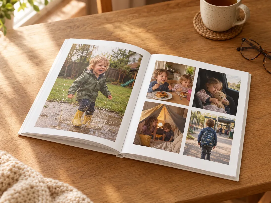 Odprt album na leseni mizi: velika fotografija otroka, ki čofota po luži, ob strani s štirimi vsakdanjimi fotografijami, zraven skodelica čaja in očala