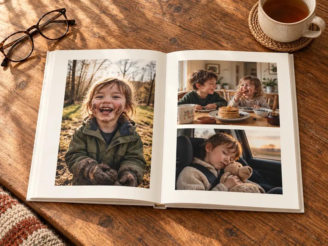 An open photo album of the grandchildren on a wooden table, beside reading glasses and a cup of tea